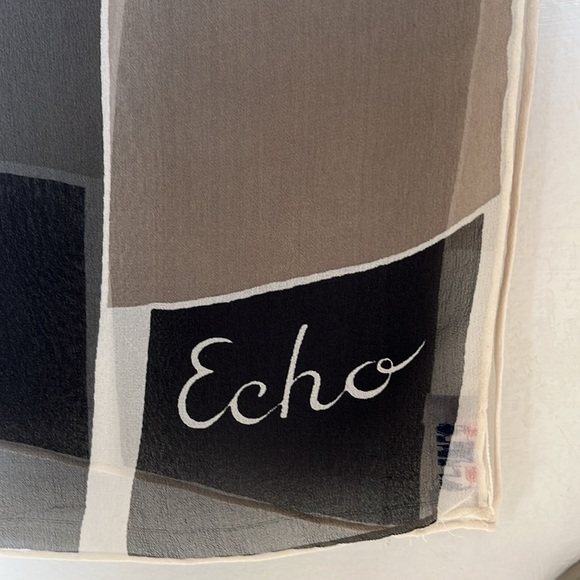 Vintage Echo Modern Geometric Sheer Silk Long Silk Scarf Black, Gray, Red - Picture 2 of 9